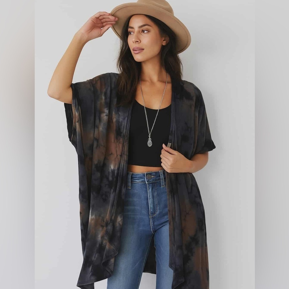MAUVE Tie Dye Lace Back Kimono Cardigan M Boho